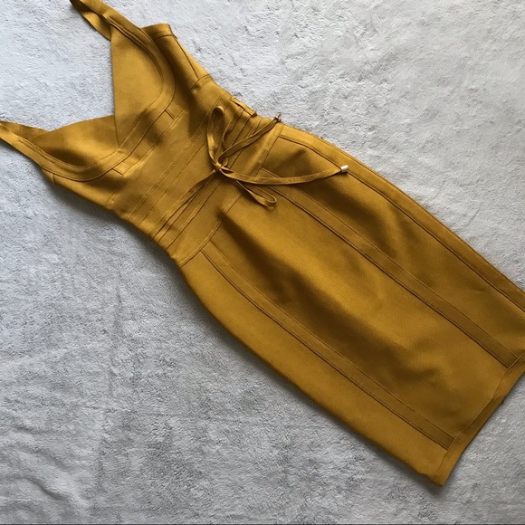 House of CB Dresses & Skirts - House of CB Belice Ginger Tie Waist Bandage Dress Mustard Gold Yellow Sz XS